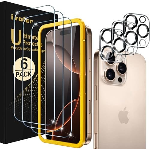 iVoler 3+3 Pezzi Vetro Temperato per iPhone 16 PRO Max 6.9, 3 Pezzi Pellicola Protettiva Anti Graffio con 3 Pezzi Pellicola Fotocamera e Cornice di Installazione, HD Chiaro, Senza Bolle