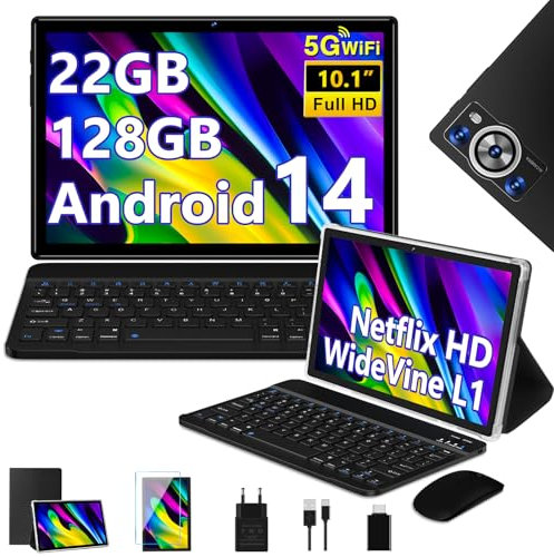 2025 Newest Tablet 10 Pulgadas Android 14, 22GB RAM+128GB ROM/TF 2TB, 8-Core 2.0 GHz, 8000mAh, 5G WiFi, Widevine L1, GMS Certificado, Bluetooth 5.0, Widgets, Tablet con Funda, Teclado y Ratón - Negro