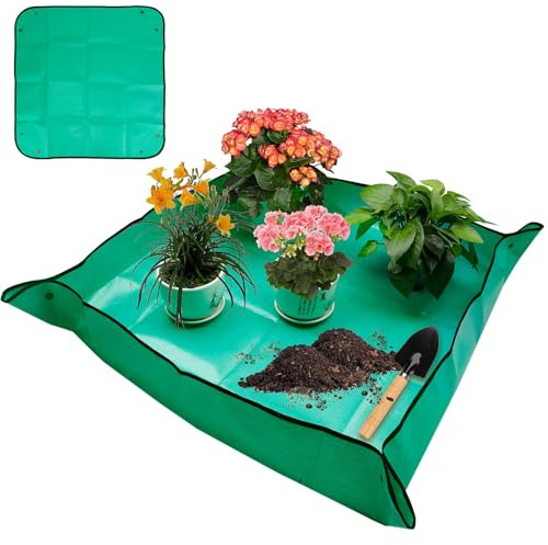 Sociaooil Faltbare Umtopfmatte 100x100cm - wasserdichte Pflanzmatte für Drinnen & Draußen, Gartenarbeitsunterlage in Grün