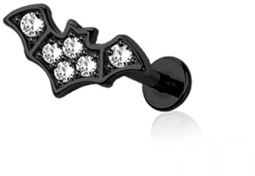 BlackAmazement 316L Edelstahl Piercing Labret Helix Tragus Monroe Cartilage Ohrstecker Push In 8mm Fledermaus Bat Zirkonia Gem CZ Gold Schwarz Gothic Biker Damen