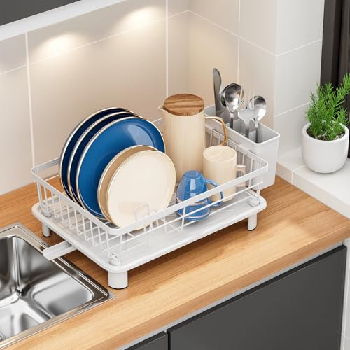 JOUING Escurreplatos Blanco Escurridor de Platos Acero Inoxidable Escurreplatos con Bandeja de Goteo Dish Drying Rack con Cesta para Cubiertos (Blanco, Pequeño)
