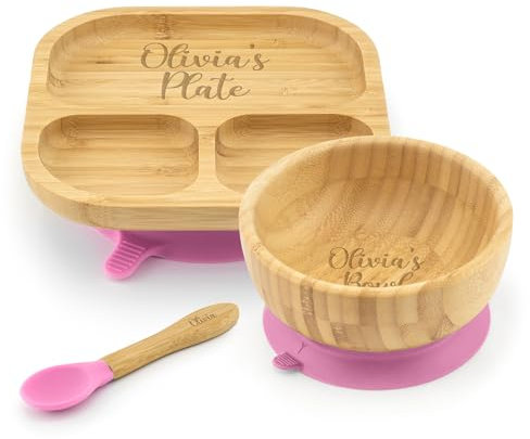 Personalised Bamboo Kids Toddler Plate & Bowl Set - Custom Engraved Bamboo Kids Plates and Bowls Set with Spoon - Dinner Set for Weaning, 1st Birthday or Baby Gift (Pink)