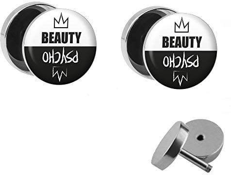 Treuheld® | Set - Beauty & Psycho - 2 Ohrstecker zum Schrauben mit Krone - SCHWARZ-WEIßE Fake Plugs - Ø 10mm - Ohrringe Fakeplug - Silber Ohrring in Schwarz-Weiß - Chirurgenstahl Faketunnel