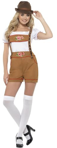 Smiffys Sexy Bavarian Beer Girl Costume, Brown with Top & Lederhosen, Oktoberfest Fancy Dress, Adult Dress Up Costumes