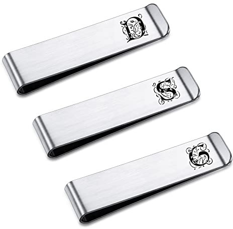 MeMeDIY Clip de Dinero con Bolsillo Frontal Grabado para Hombre, Clip de Cartera Personalizado Regalo para Padre, Tarjetero Delgado, Acero Inoxidable (Monograma Inicial Juego de 3 Piezas Plateadas)