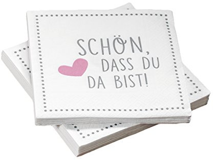 20 Servietten 'Schön, dass du da bist!' 33x33 cm - grau rosa - für Hochzeit, Geburtstag, Taufe oder andere festliche Anlässe