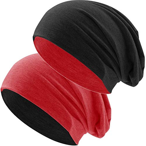 Hatstar® Bicolor assische Slouch Long Beanie Mütze | leicht und weich | für Damen und Herren | Übergangsmütze für Frühling und Sommer (Zwei-farbig | Bicolor rot-schwarz)