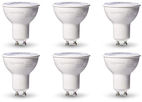 Amazon Basics MR16 LED Light Bulb, 50W Equivalent, Energy Efficient 7W, GU10 Base, Warm White 3000K, Dimmable, 10,000 Hour Lifetime, 6-Pack