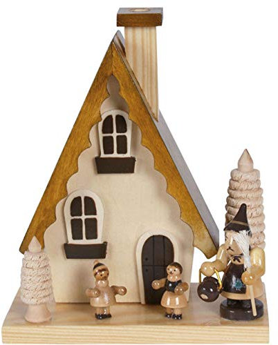 OBC Räucherhaus Hänsel und Gretel Natur, 15 cm/Räuchermännchen Dekofigur/handbemalt im Kunsthandwerks-Stil/Räuchermann/Räucherfigur aus Holz