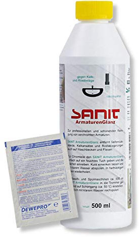 DEWEPRO-Set: SANIT ArmaturenGlanz (3011) - Flasche à 500ml - zur professionellen und schonenden Reinigung von verchromten Armaturen, inkl. 1 St. DEWEPRO® Single Scrubs