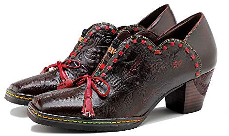 CrazycatZ Damen Leder Schuhe mit Absatz Patchwork Vintage Bunte Schuhe Pumps (Dark Red, Numeric_42)
