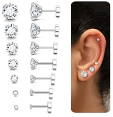 LOLIAS 7 Paar 20G Hypoallergene Ohrstecker für Damen Herren - Flatback Edelstahl Zirkonia Ohrringe - Piercing Ohrknorpel