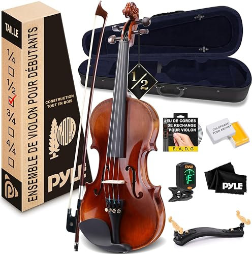 Pyle Instrumente Geige Kinder – Kleine Violine als Kinderinstrument ab 8 Jahre, Kindergeige 1/2 inkl. Saiten, Stimmgerät, Kolophonium & Koffer, Violinen aus Sperrholz mit hochwertigem Holzfurnier