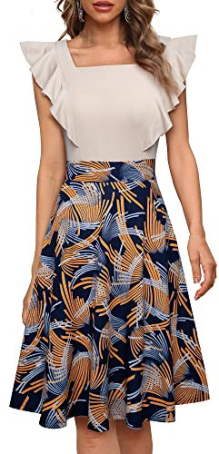 HOMEYEE Damen Elegant Rüschenärmel Rockabilly Knielang Blumen Party Cocktailkleid mit Taschen A312 (M, Beige + Blumen)