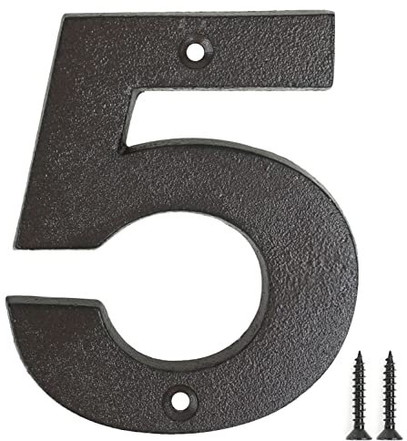 Fitous 4.9 Inch High Vintage Cast Iron House Number Outsider, Solid Home Address Numbers, Unique Sandbrushed Finish with Individual Irregular Handcraft Antique Black Look.Number-5