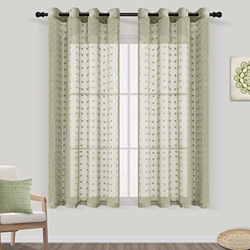 Joywell Salbeigrün Gardinen Wohnzimmer Vorhänge Transparente Voile Sheer Vorhänge Mädchenzimmer Leinenstruktur mit Ösen Pompons Ösenschal Luftig Dekoschal für Schlafzimmer Kinderzimmer 160x140