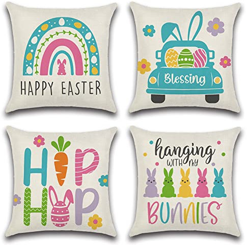 Ohok 4er Set Ostern Dekorativ Kissenbezug 45x45 cm, Polyester Leinen Zierkissenbezüge, Deko Sofakissen Couchkissen Frühling Kissenhülle Set für Schlafzimmer Wohnzimmer Sofa Couch Auto (Regenbogenhase)