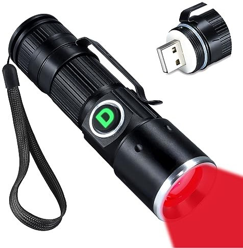 DARKDAWN Lampe de poche rouge rechargeable par USB, Mini LED Lampe de poche Focus réglable ,lampe flash avec clip de poche pour la pêche, l'apiculture, la chasse, l'astrophotographie de nuit (black)