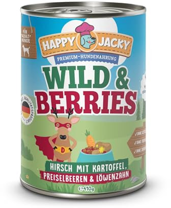 HAPPY JACKY | extra sensitives High-Premium Nassfutter für Hunde ohne Getreide | Hirsch mit Kartoffel, Preiselbeeren & Löwenzahn | ohne Konservierungsstoffe, Zuckerfrei | 6x410g