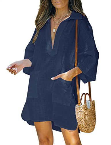 AI'MAGE Women Deep V Neck Cover Up Casual Cotton Linen Shirts Beachwear Half Sleeve Bikini Pool Dress, Deep Blue, Large