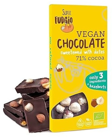 SUPER FUDGIO BIO Vegane Schokolade mit Haselnüssen | Bio - nur 3 Zutaten | Gesüßt mit Datteln statt Zucker | Glutenfrei | 100g