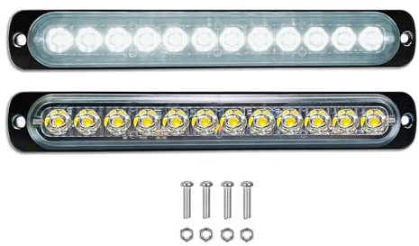 PICAA 2 Pièces Blanc Mince Voyant Barre D'alarme Stroboscopique D'urgence Lampe- 12 LEDS Bande Lumineuse D'avertissement de Flash pour Camion Moto Voiture 12V-24V