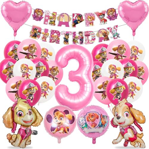 Hund Geburtstag Deko 3 jahre, Dog Geburtstagsdeko Mädchen, Party Luftballon 3, Luftballon Kindergeburtstag 3 jahre, Rosa Ballon Dekoration, Happy Birthday Banner für Dog Kindergeburtstag Party
