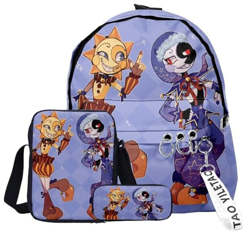 Hamender FNAF Schultasche mit Sonnenmond-Motiv, 3 Stück, Fazbear's Piazzaria, modischer Schulrucksack, Federmäppchen, Geschenk für Jungen, Mädchen, Studenten, Reisen, unverzichtbarer Tagesrucksack,