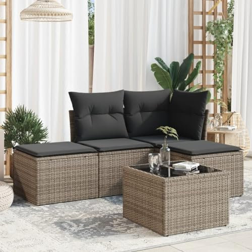 ULUYYUC 5-TLG. Garten-Sofagarnitur, Polsterbank Hocker Terrassenmöbel Gartenmöbel Set Geeignet für Außenbereich Hinterhof Garten Balkon mit Kissen Grau Poly Rattan