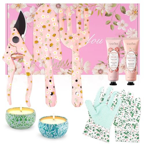 KIYTARBOO Gardening Gifts for Women, 8Pcs Garden Tools Set, Garden Kits for Gardener, Including Gloves, Trowel, Fork, 2 Candles, 2 Hand Creams, Gift for Birthday, Mum, Mothers Day