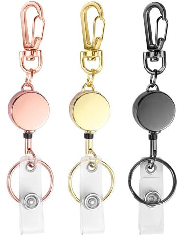 Bolimoss Lot de 3 porte-badges rétractables en métal pour carte d'identité pour homme et femme (or rose, or, noir)