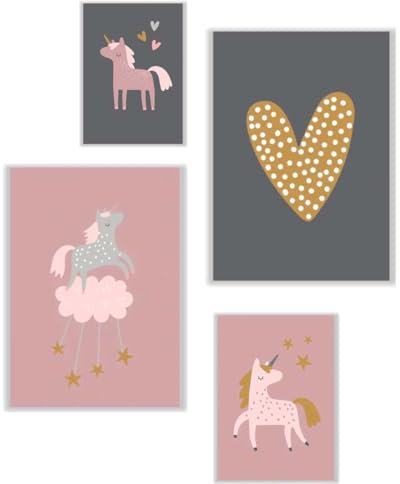 Rabano Art 4er Set Kinderzimmer Poster DIN A4 & DIN A5 in Pastell Farben Einhorn | Bilder Kinderzimmer, Kinderzimmer Deko, Wandbilder, Deko Bilder, Boho Dekoration für Kinder