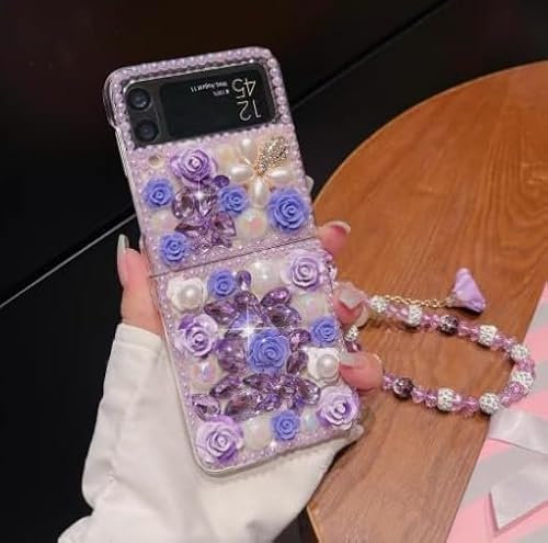 Szakdws Coque en strass pour Samsung Galaxy Z Flip 4 5G avec bracelet en perles et dragonne, violet 3D brillant strass fleur coque de téléphone antichoc avec cordon