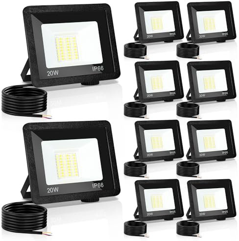 Izrielar 10x 20W Projecteurs LED Extérieur, Projecteur Super Lumineux, 3 Températures de Couleur Réglables, Spots Imperméable IP66 pour Jardin, Cour, Garage, Entrepôt, Aire de Jeux