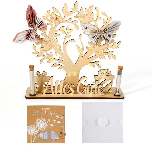Geldbaum Geschenk aus Holz, LED Geldgeschenke Verpackung, Personalisierte Geldgeschenke Geburtstag aus Holz Lebensbaum Deko Wunscherfüller Geldgeschenke Verpackung mit Umschlägen Grußkarte