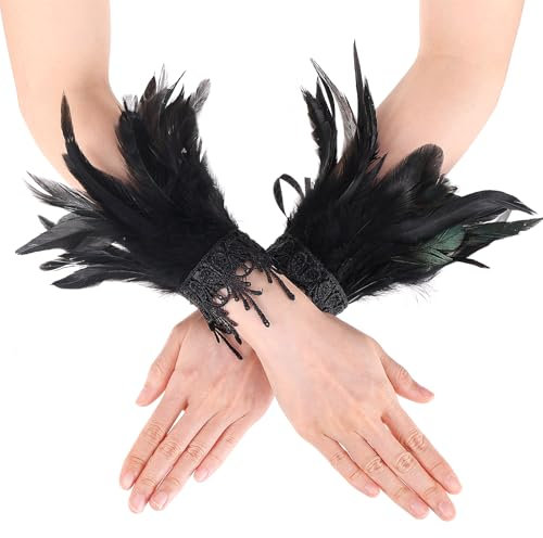 COMNICO Feder Handgelenk Manschetten, Halloween Damen Schwarz Feder Spitze Fingerlose Handschuhe mit Gotischem Blumenmuster Lange Ärmel, Netz-Handgelenk, Schwarze Flügel Manschetten Armbänder Cosplay