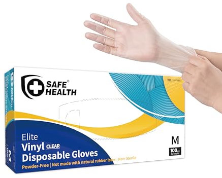 Safe Health Disposable Vinyl Gloves Multi-Purpose Plastic Gloves Food Safe, Latex Free Powder Free Non-Sterile 3 mil for Cleaning, Washing up, Salon, Service, Household, Daily, Medium (Box of 100)