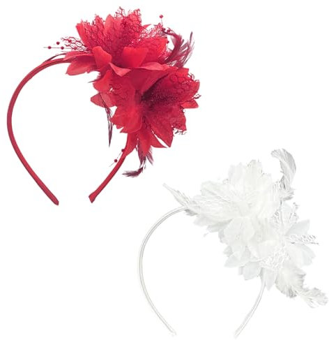 FUIPVGI 2 Stücke Haarreifen Damen, Feder Haarreif mit Künstlichen Blumen, 1920er Fascinator Kopfschmuck, Damen Feder Stirnband, Tee-Party Kopfbedeckung, für Karneval Cocktail Hochzeit (Weiß, Rot)