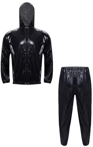 TiaoBug Herren Wetlook Jacke Kapuzenjacke mit Reisverschluss + Lange Lack Leder Hose Dehnbund Sporthose Jogginghose Jogger Pants Zweiteiler Sportbekleidung Set Schwarz XL