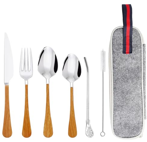 Daily Treasures 6Stück Edelstahl Besteck Set,Holzgriff Reisebesteck mit Aufbewahrungstasche,Wiederverwendbares Messer Gabel Löffel Set & Filter Löffel Strohhalm,Tragbares Utensil für Ofiice Camping