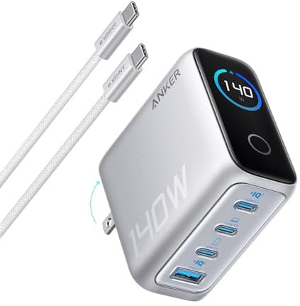 Anker MacBook Charger,140W Max 4-Port GaN USB C Charger Block with Smart Display,Fast Charger USB C Power Adapter,Touch Controls for MacBook,iPad,iPhone 17/16 Series (Include 5FT Cable,Non-Battery)