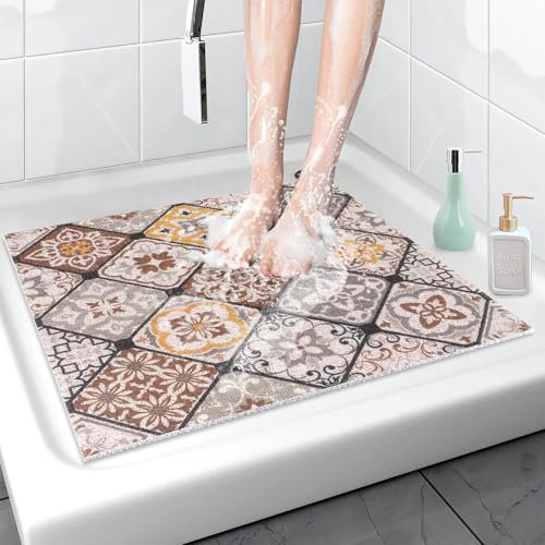 Duschmatten Rutschfest 60x60cm Duschmatte: Schön Weich Duscheinlage rutschfest - Duschwanneneinlage Rutschfest - Sicheres angenehm stehen in der Dusche,Zuschneidbar,Hocheffiziente Entwässerung (Braun)