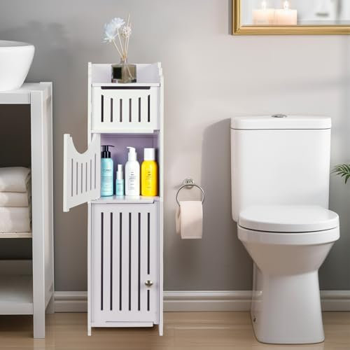 powerking Soporte Blanco para Papel higiénico, pequeño Armario de Almacenamiento de baño con Puertas, gabinete de Almacenamiento Delgado para baño, Espacios pequeños, Piso de Esquina