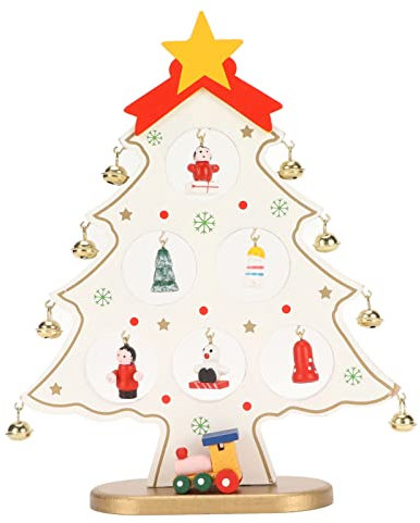 Weihnachtsbaum-Desktop-Ornament aus Holz, Bruchsicher, Sicherer Weihnachtsbaum aus Holz mit 8 Glocken und 7 Anhängern (Weiß)