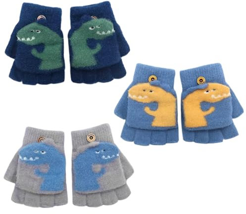 UILYNIU 3 Paar Kinder Halbfinger Handschuhe Fingerlose Fäustlinge Mädchen Winter Cartoon Fingerlose Handschuhe Strickhandschuhe Jungen Thermohandschuhe Kinderhandschuhe mit Klappe, 3-8 Jahre (M)