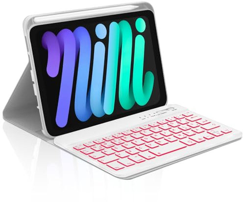Occtingkind, Tastatur für iPad mini 8.3 Zoll, Hülle mit Tastatur für iPad mini 7./6. Generation (2024/2021), Hülle mit Abnehmbar Bluetooth Keyboard, QWERTZ, USB C, Hintergrundbeleuchtung, Hellgrau