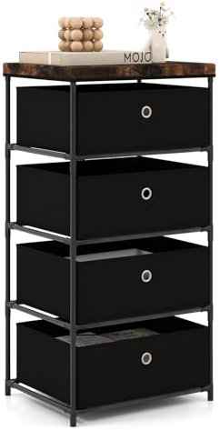 COSTWAY Nachttisch mit 4 Schubladen, Beistelltisch mit Metallrahmen, Kommode, Aufbewahrungsschrank, Stoffkommode für Schlafzimmer, Wohnzimmer, Flur, 42 x 33,5 x 84,5 cm (Schwarz)