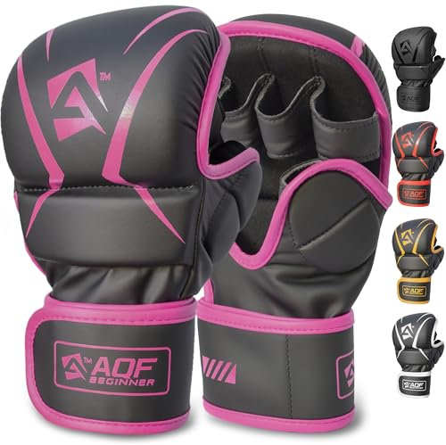 AQF Hybrid MMA Gloves for Sparring & Grappling, Open Palm Shooter Design, Enhanced Wrist Support, Shock-Absorbing Padding, Lightweight and Durable for Training, Kickboxing, Muay Thai (Pink, S/M)