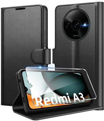 Eirltiy Coque pour Xiaomi Redmi A3 + 1 Verre Trempé Protection écran,[Housse Premium en Cuir PU][Fentes pour Cartes][Pochette de Portefeuille],Etui à Rabat pour Redmi A3 - Noir