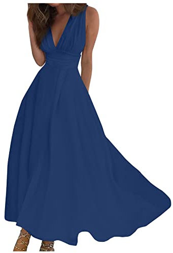 Vente Flash du Jour Et Soldes Robe Femme Chic Et Elegant Bretelles Fines Ample Sexy Deguisement Nouvelle Pas Cher Robe Pastel Plage Fluide Automne Tenue Soiree Femme Mode Bleu Foncé L